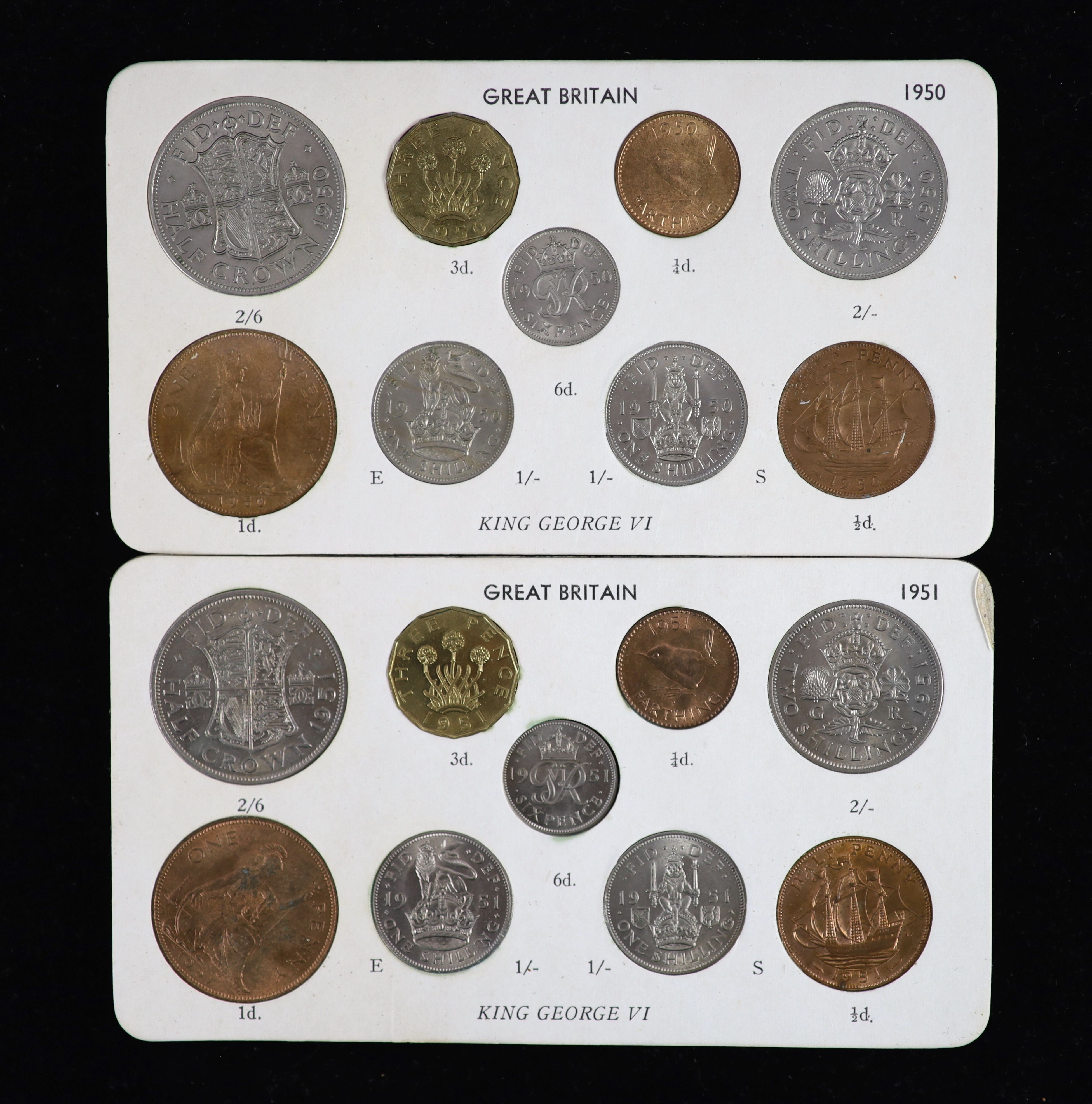 George VI specimen coin sets for 1950 and 1951, second issue, including 1950 threepence, aUNC, 1951 threepence and penny, both EF